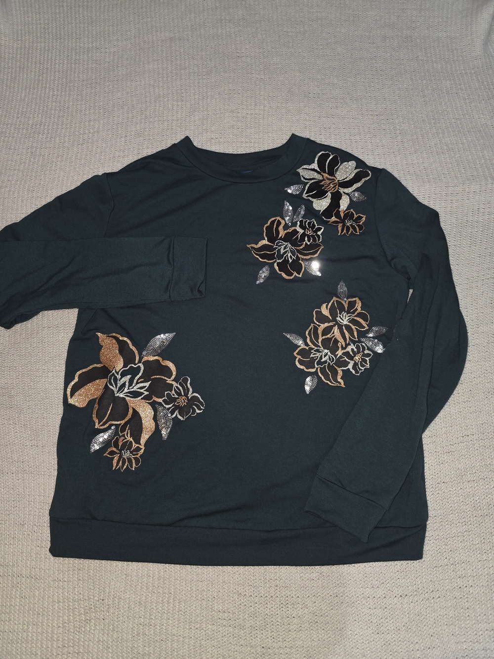 Women's Apt. 9 Dark Green Floral Sequin Embroidered Sweater